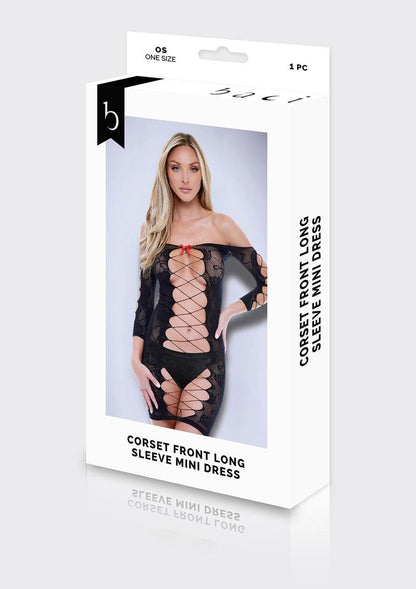 Corset-front mini dress packaging, black lace mesh design with long sleeves