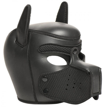Black neoprene pup hood with padded chin section and adjustable neck strap