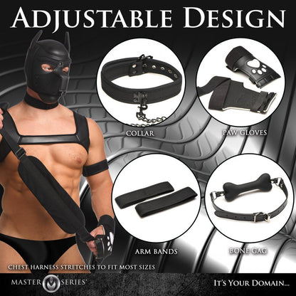 Black pet-themed harness set with collar, paw gloves, arm bands, and bone gag