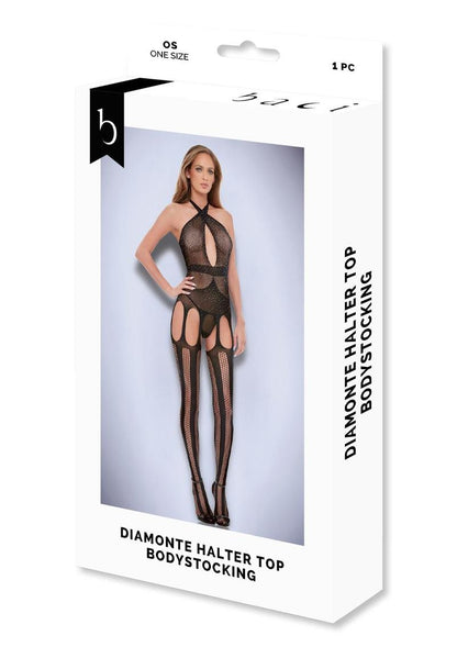 Black Sheer Diamonte Bodystocking With Criss-Cross Halter And Attached Stockings