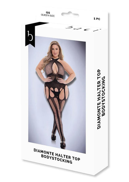Black Sheer Diamonte Bodystocking With Criss-Cross Halter And Attached Stockings