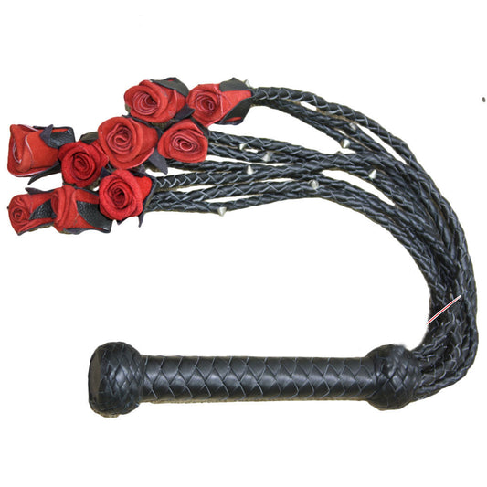 Real Genuine Cowhide Leather Flogger 9 Braided Falls Heavy Red Roses & Steel Studs Cat-o-nine Tails Flog