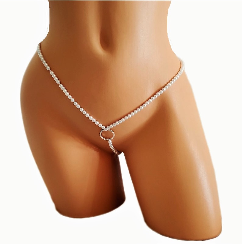 Hand-Beaded Pearl Crotchless Thong Panty With Silver Ring Detail