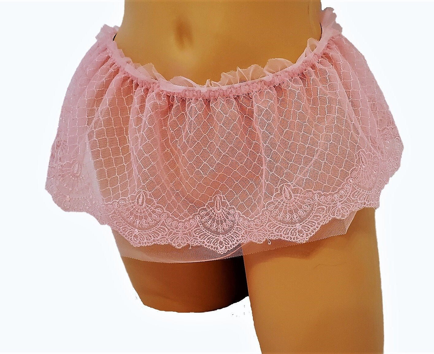 Pink Sheer Mesh Micro Mini Skirt With Embroidery And Ruffle Waistband