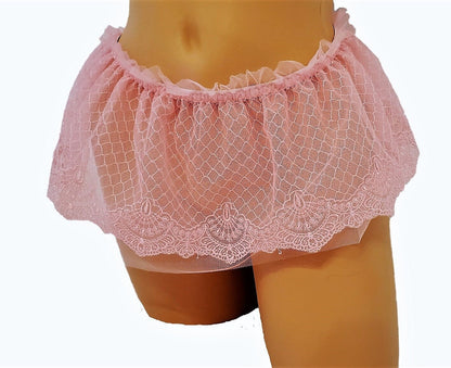 Pink Sheer Mesh Micro Mini Skirt With Embroidery And Ruffle Waistband
