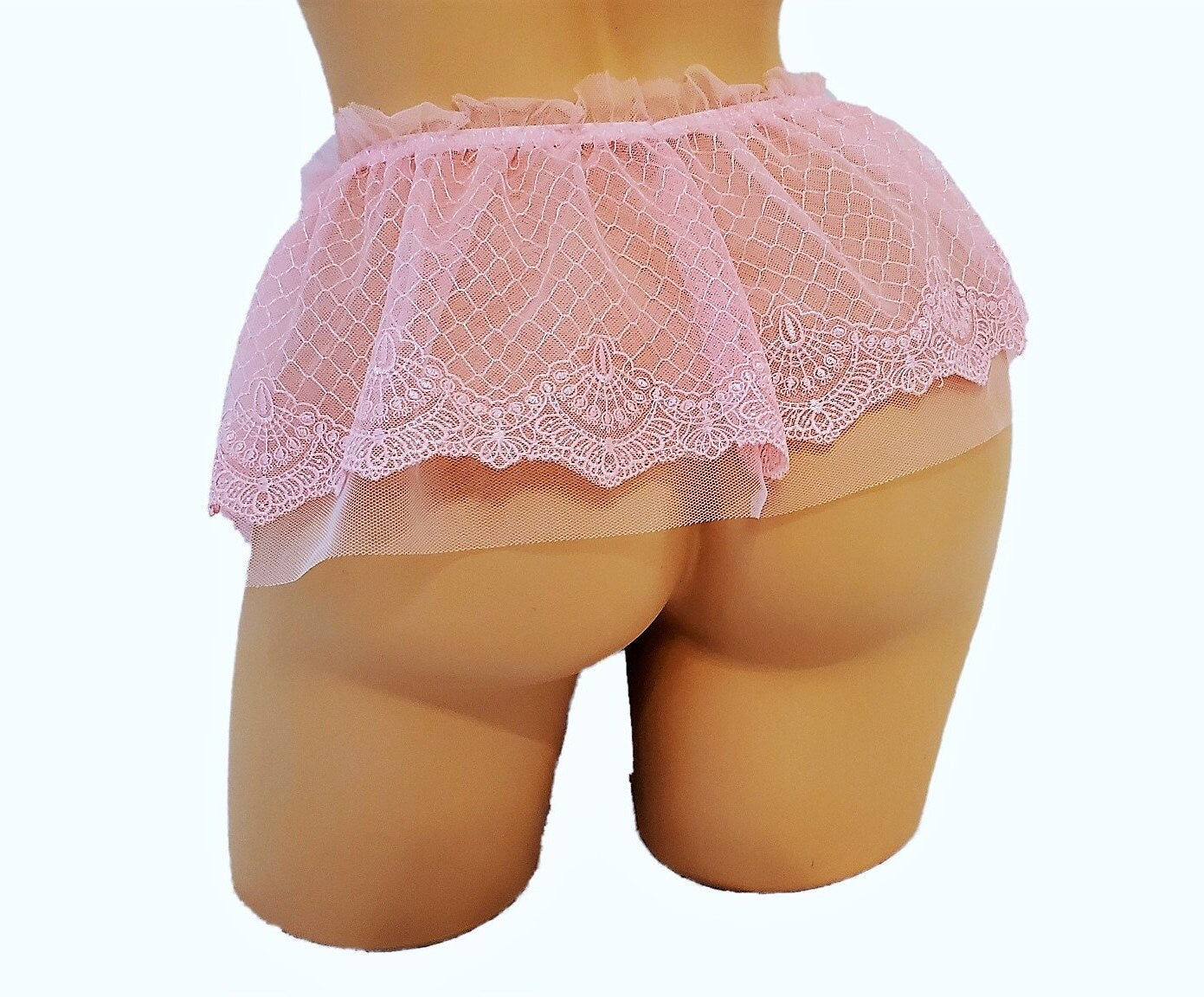 Pink Sheer Mesh Micro Mini Skirt With Embroidery And Ruffle Waistband