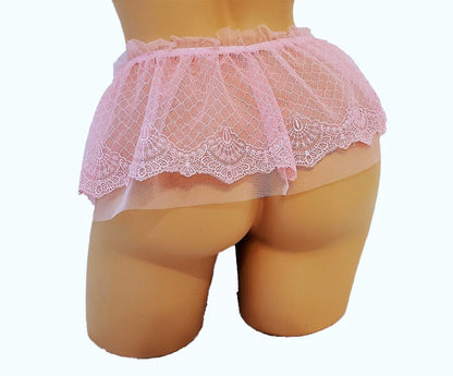 Pink Sheer Mesh Micro Mini Skirt With Embroidery And Ruffle Waistband
