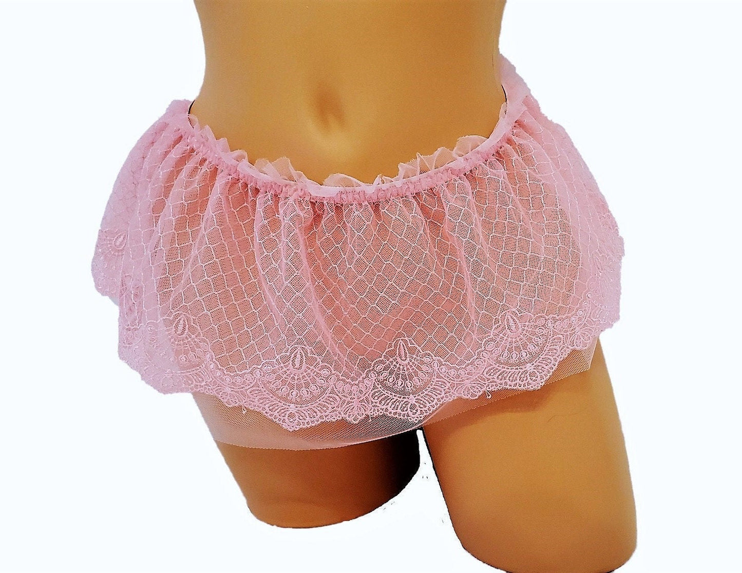 Pink Sheer Mesh Micro Mini Skirt With Embroidery And Ruffle Waistband