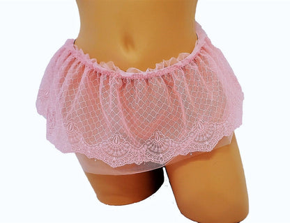 Pink Sheer Mesh Micro Mini Skirt With Embroidery And Ruffle Waistband
