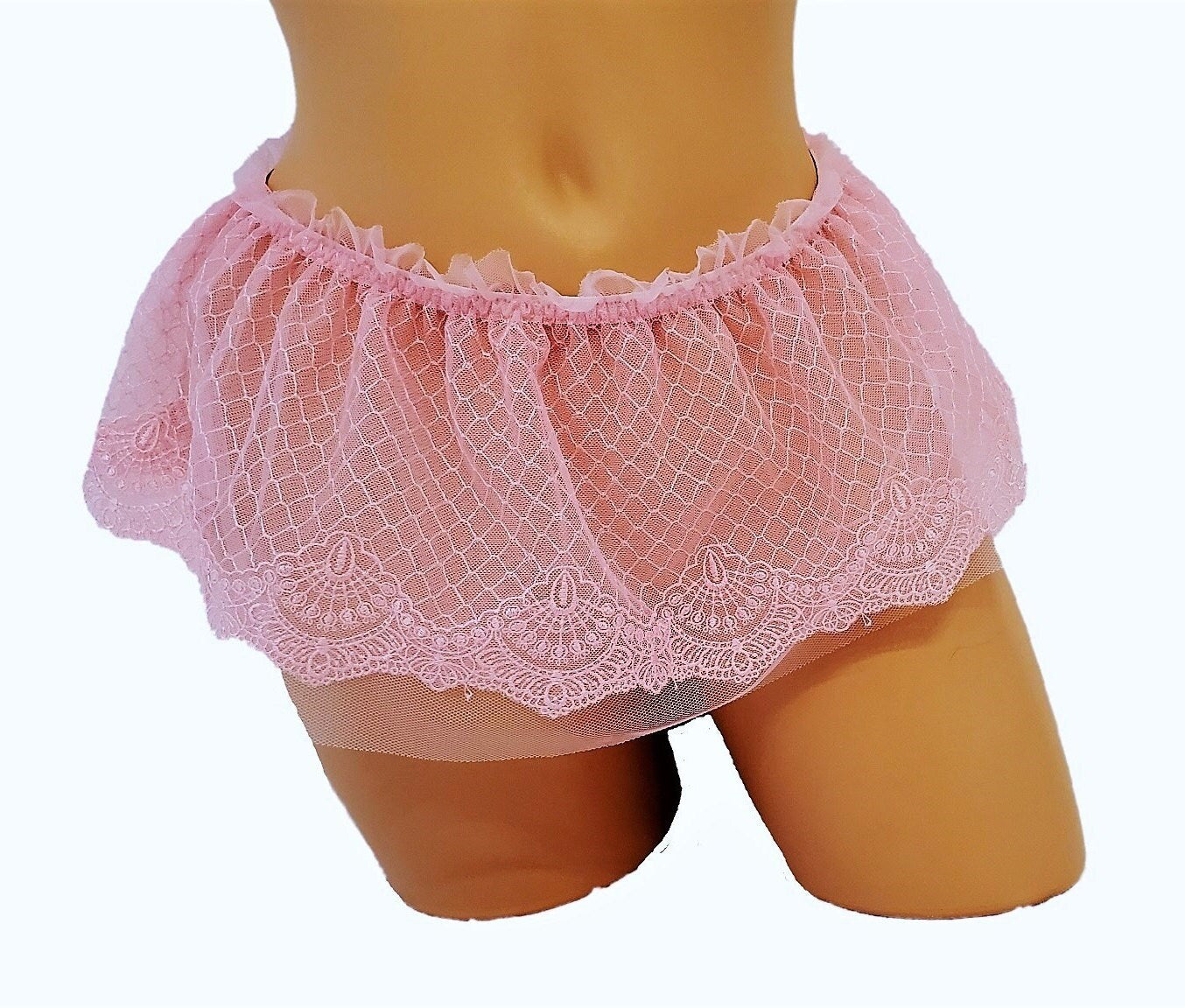 Pink Sheer Mesh Micro Mini Skirt With Embroidery And Ruffle Waistband