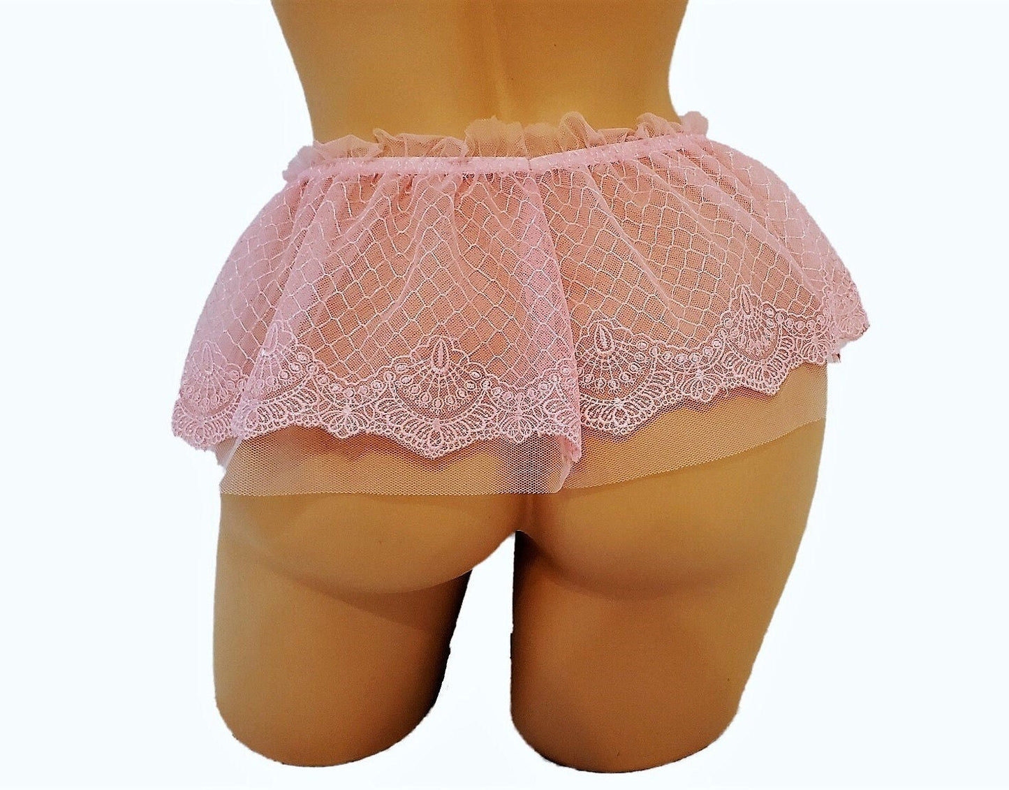 Pink Sheer Mesh Micro Mini Skirt With Embroidery And Ruffle Waistband