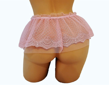 Pink Sheer Mesh Micro Mini Skirt With Embroidery And Ruffle Waistband