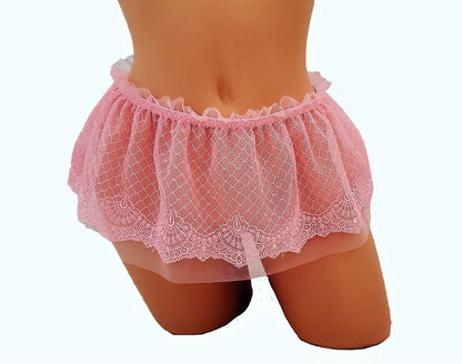 Pink Sheer Mesh Micro Mini Skirt With Embroidery And Ruffle Waistband