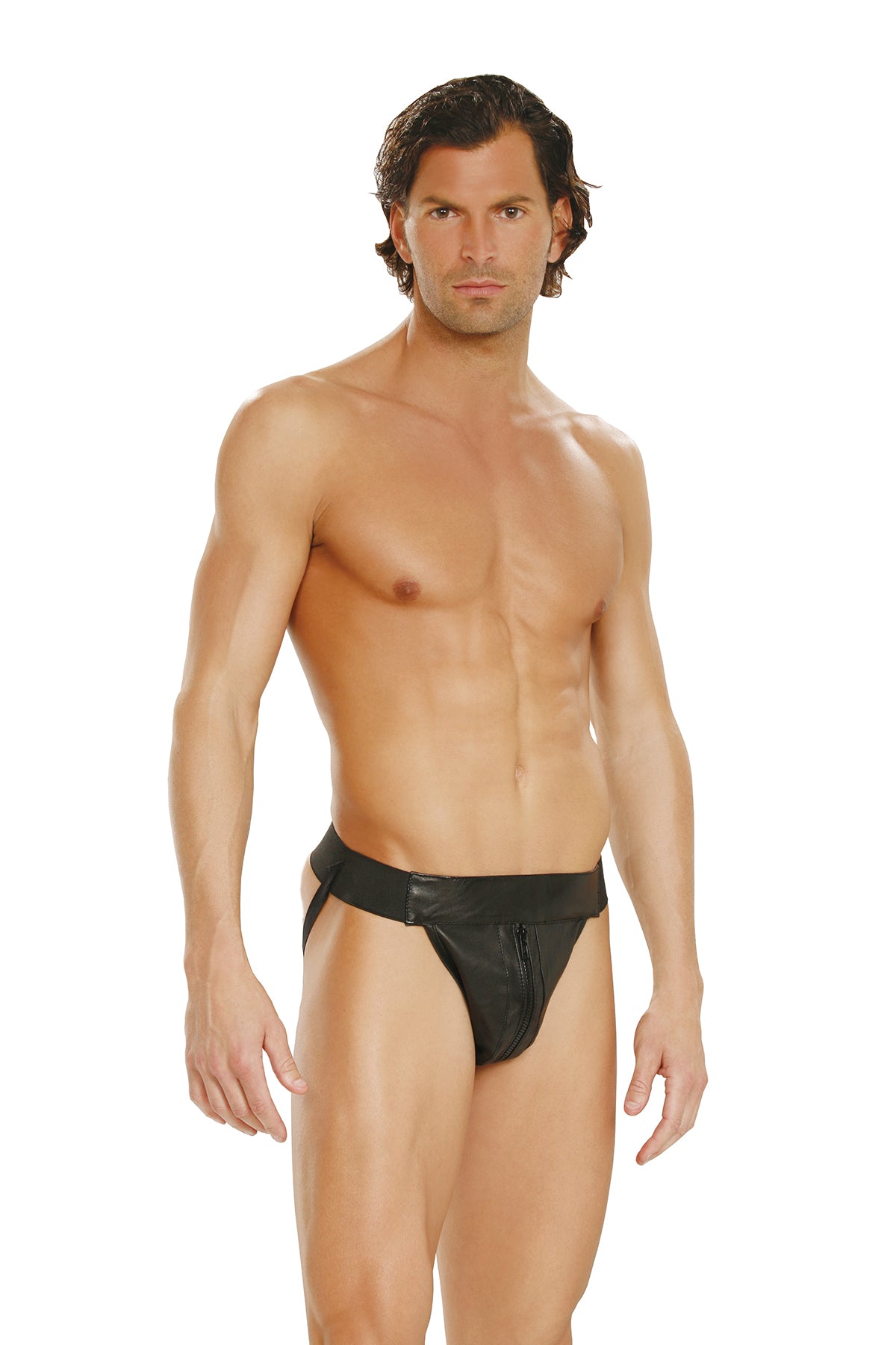 Men's leather jock strap, black with front pouch and elastic waistband.