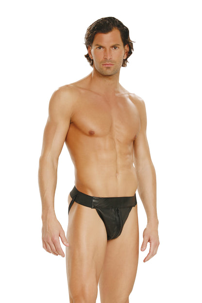 Men's leather jock strap, black with front pouch and elastic waistband.