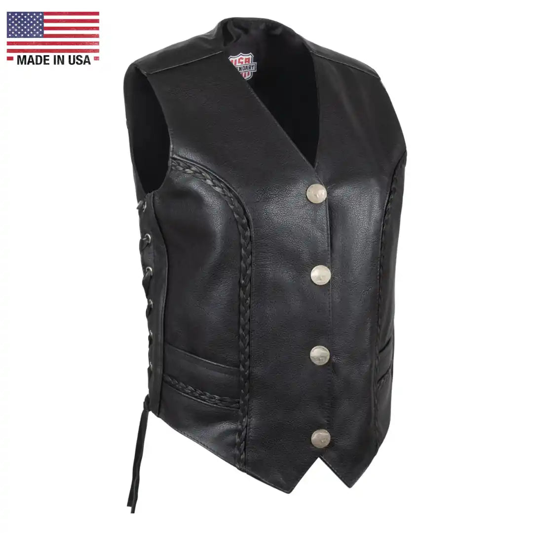 Legendary Vikla Chikla Women’s Leather Braided Motorcycle Vest w/Buffalo Nickel Snaps