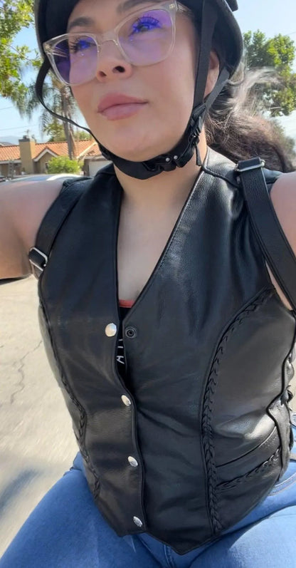 Legendary Vikla Chikla Women’s Leather Braided Motorcycle Vest w/Buffalo Nickel Snaps