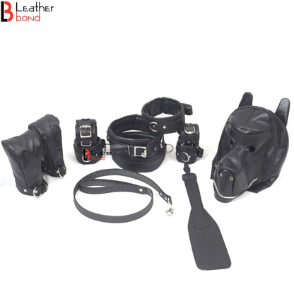 Puppy Play Animal Role Bondage Set Cowhide Leather Restraint 5 Pieces Set.
