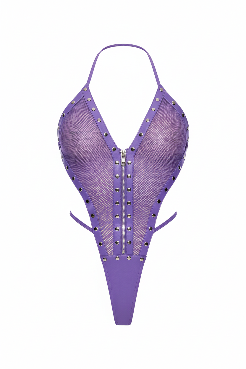 Purple Leather and Fishnet Halter Teddy