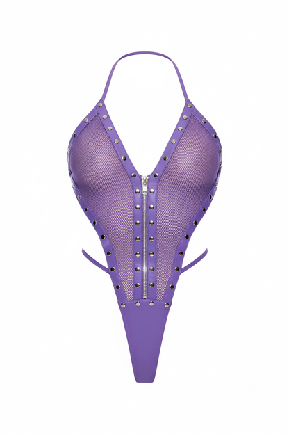 Purple Leather and Fishnet Halter Teddy
