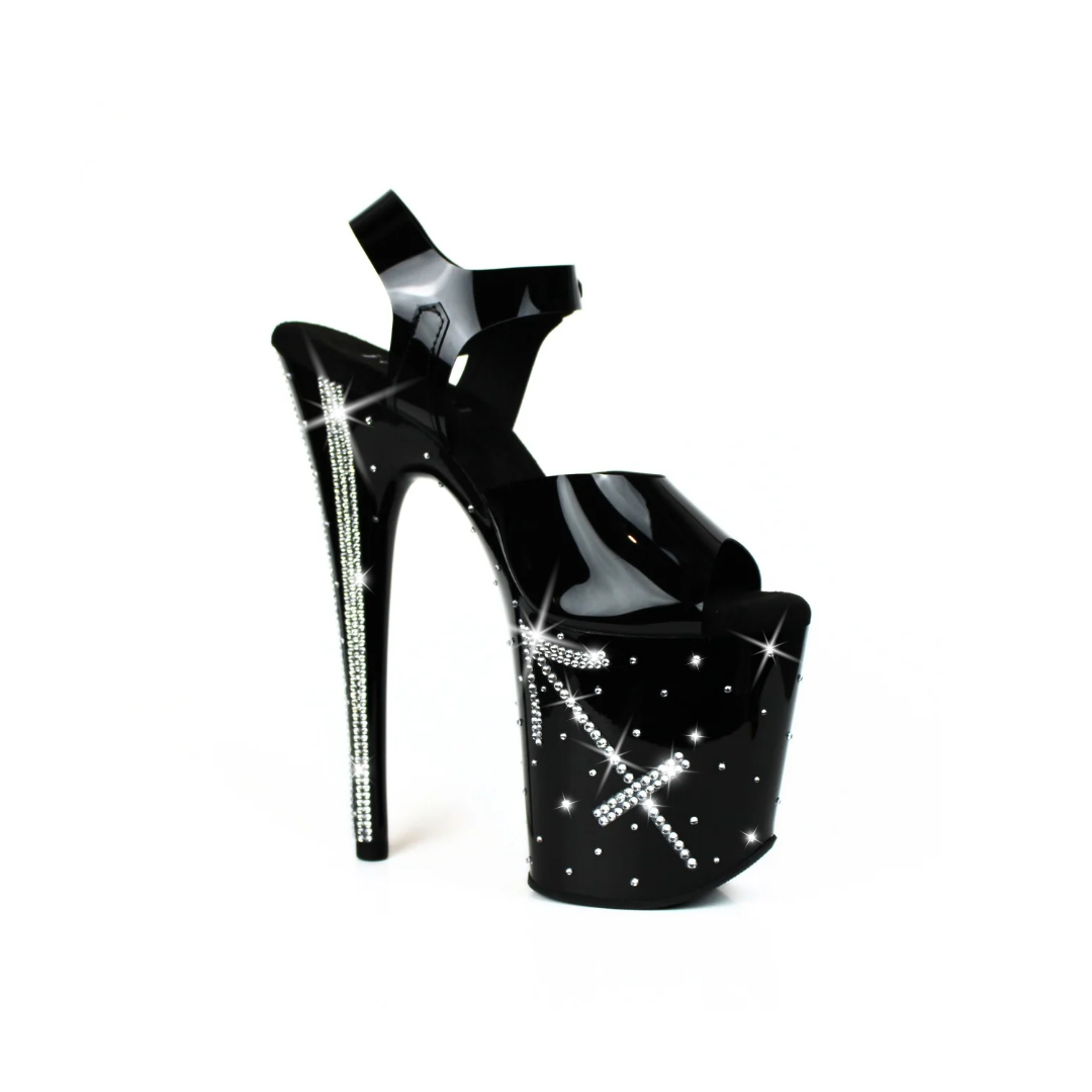 Sagittarius 8" Crystal Pole Heels | 4" Platform Black Strap Dancer Heels