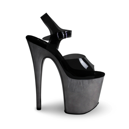 Chrome Black 8" Platform Heel | Semi-Transparent Straps