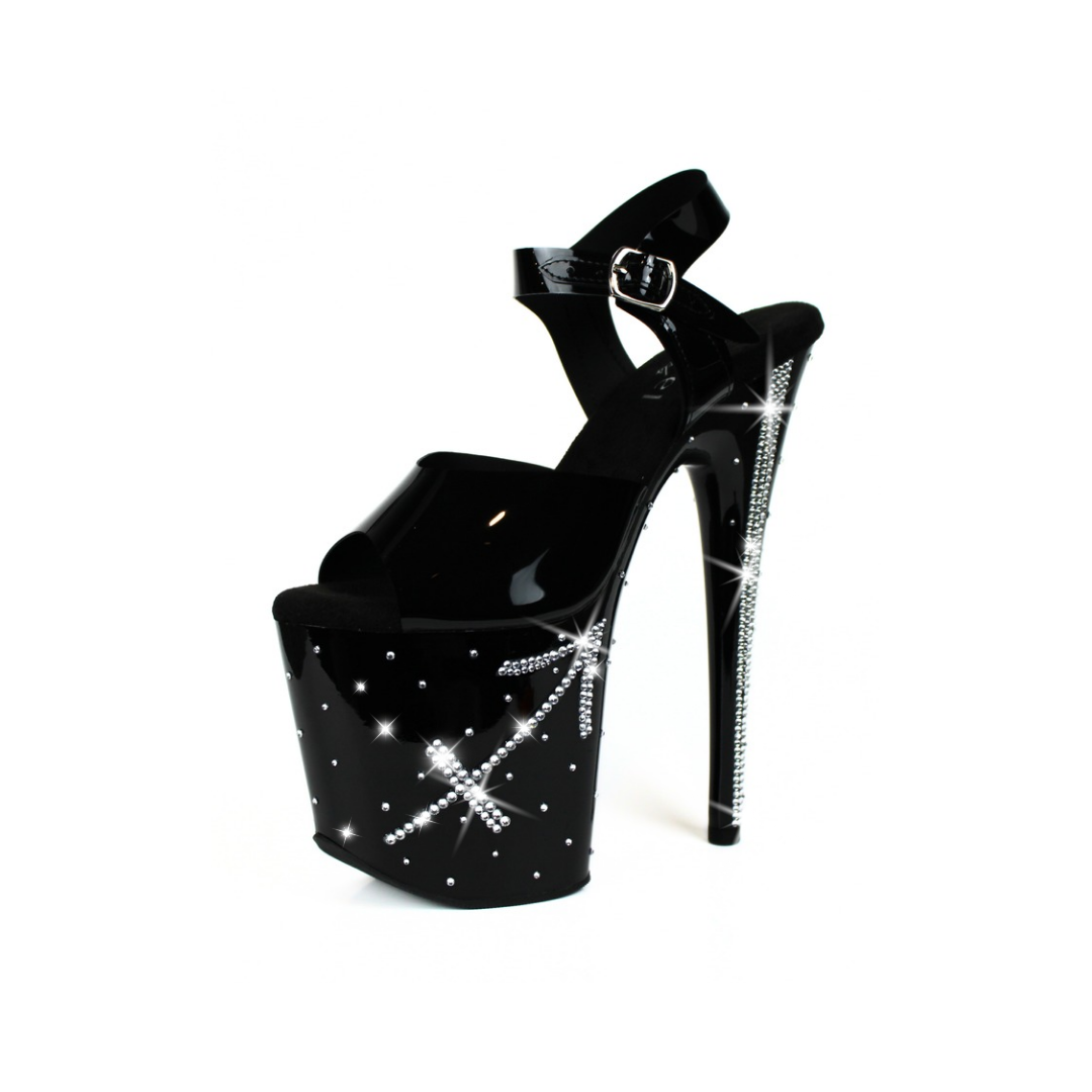 Sagittarius 8" Crystal Pole Heels | 4" Platform Black Strap Dancer Heels