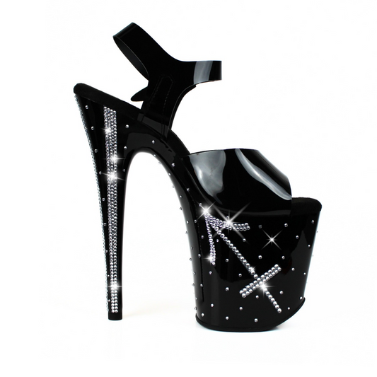 Sagittarius 8" Crystal Pole Heels | 4" Platform Black Strap Dancer Heels