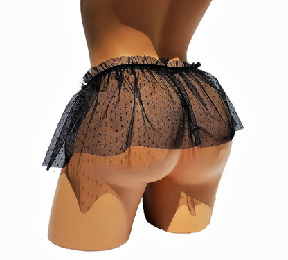 Black Sheer Mesh Mini Skirt With Embroidery Detail