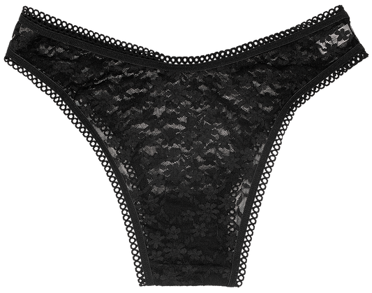 Black daisy lace high-leg thong with picot trim