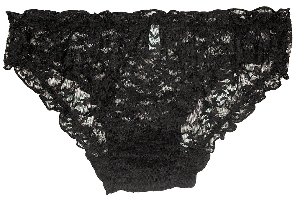 Black Lace Bikini Panty With Ruffle Trim And Cotton Gusset