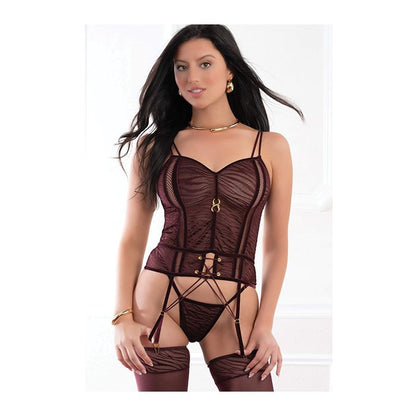 Burgundy Zebra Lace Garter Corset Thong And Stockings Set